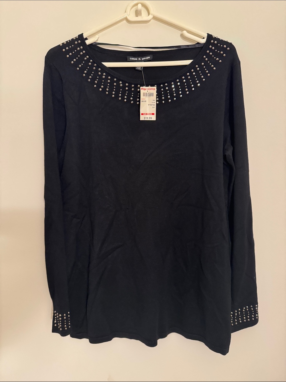 Cable & Gauge Black Long Sleeve Studded Crewneck Top